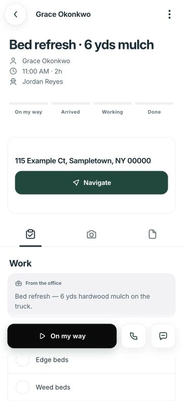 Grace Okonkwo's visit on the phone: 11:00 AM for 2 hours, 115 Example Ct with a Navigate button, the office's note, and a four-item checklist.