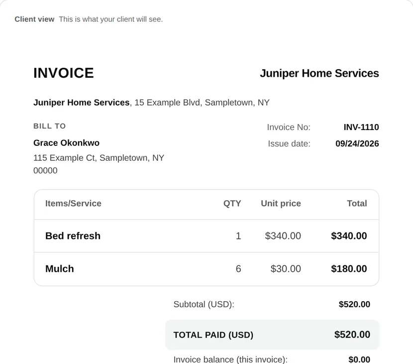 The invoice for the same job, INV-1110, with the same two lines: $520 paid, nothing owed.