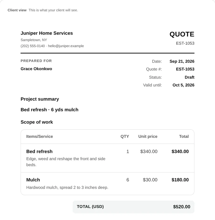 A quote for Grace Okonkwo from Juniper Home Services: a bed refresh at $340 and mulch at 6 × $30, $520 in total.