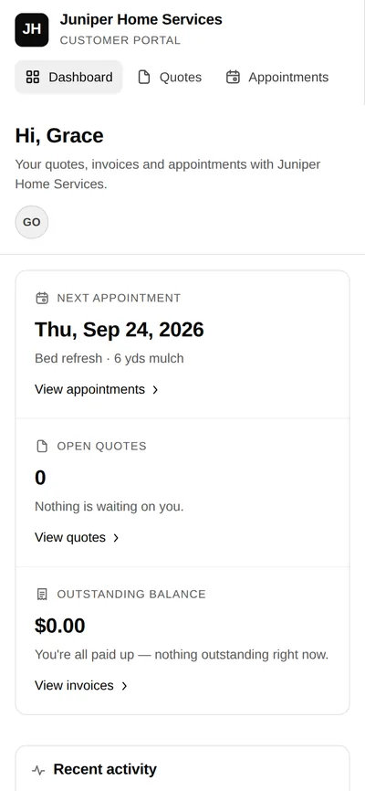 Grace's own page from Juniper Home Services: her next appointment, Thursday, September 24, for the bed refresh; nothing waiting on her; $0.00 owed.